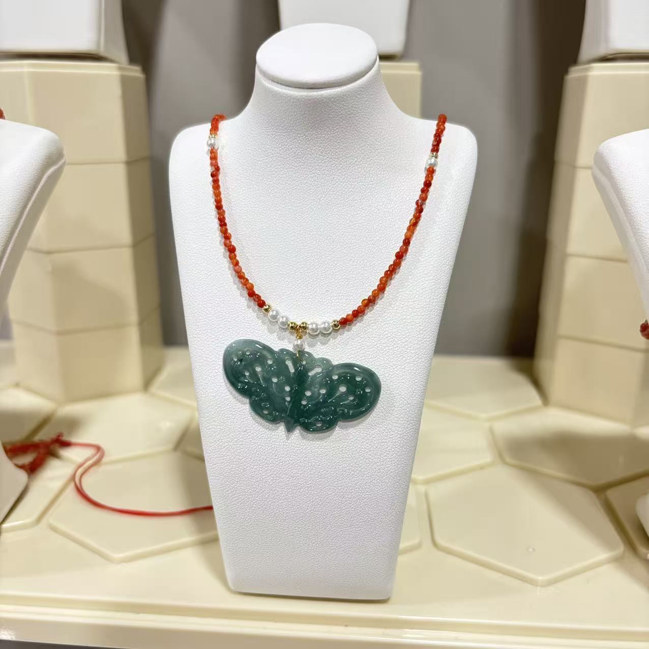 Necklace - Jade - Carved Butterfly Pendant with Nanhong Agate Chain