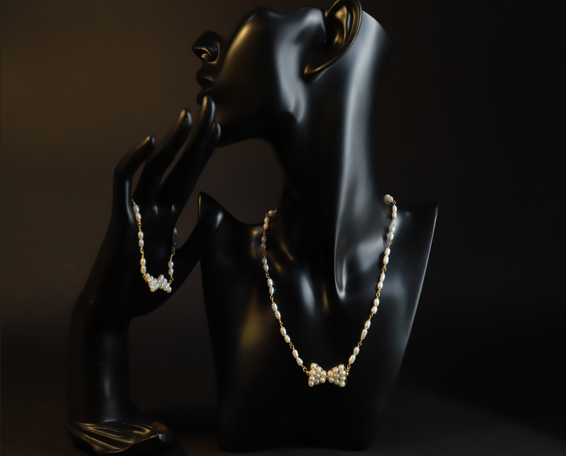 Necklace - Hand Woven Natural Pearl Bow Necklace + Bracelet Set