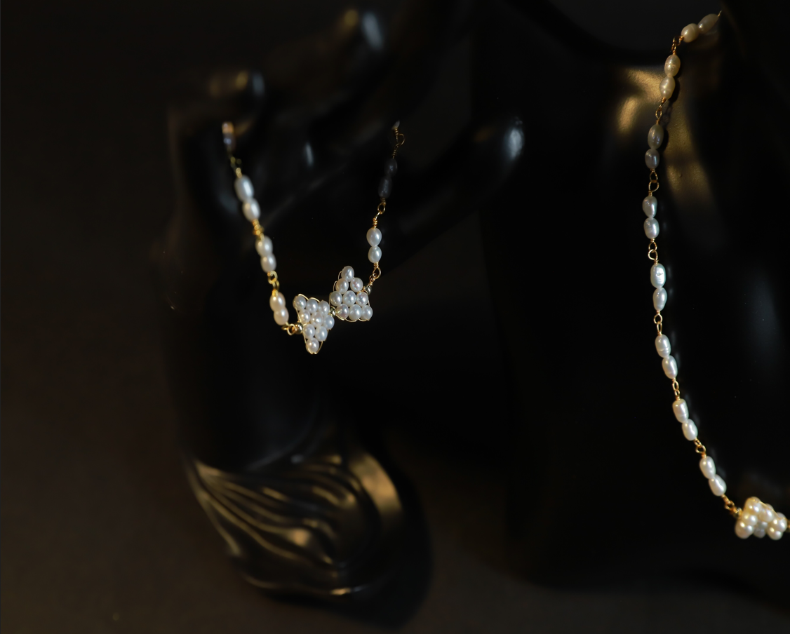Necklace - Hand Woven Natural Pearl Bow Necklace + Bracelet Set