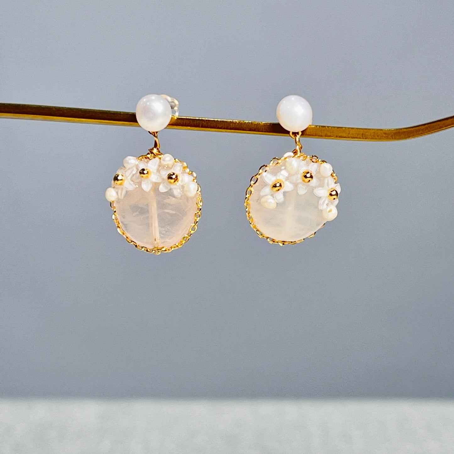 Earring - Natural Pearl + Pink Crystal