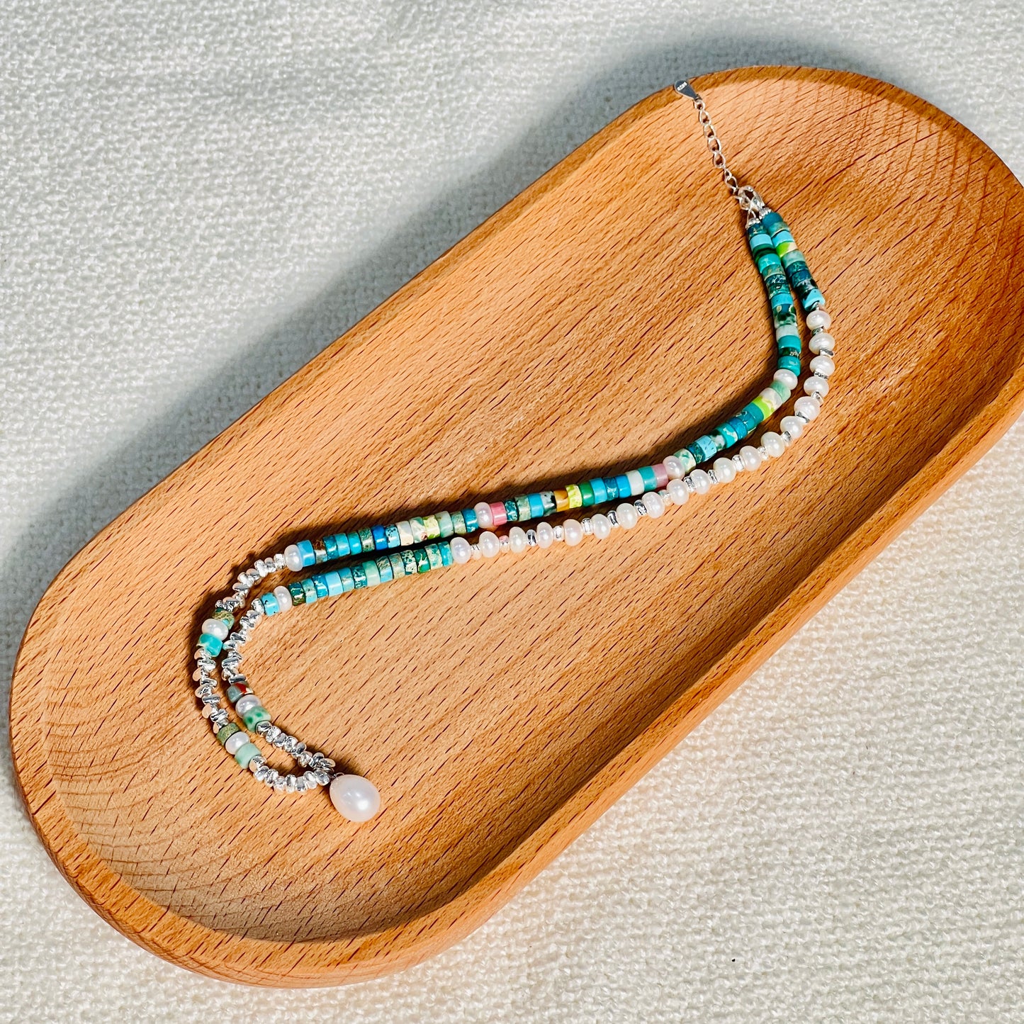 Necklace - December Lucky Stone + Turquoise + Sterling Silver Necklace + Freshwater Pearl