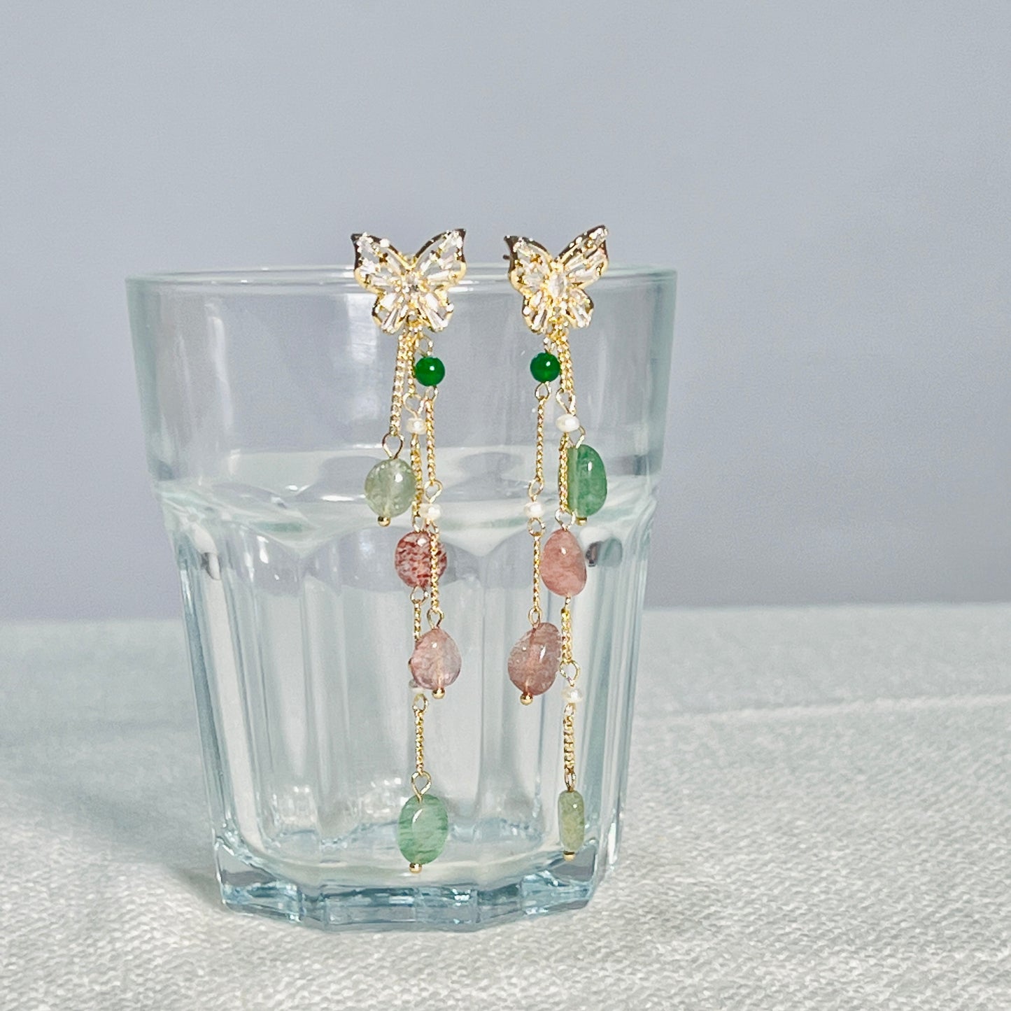 Earring - Natural Strawberry Crystal + Butterfly