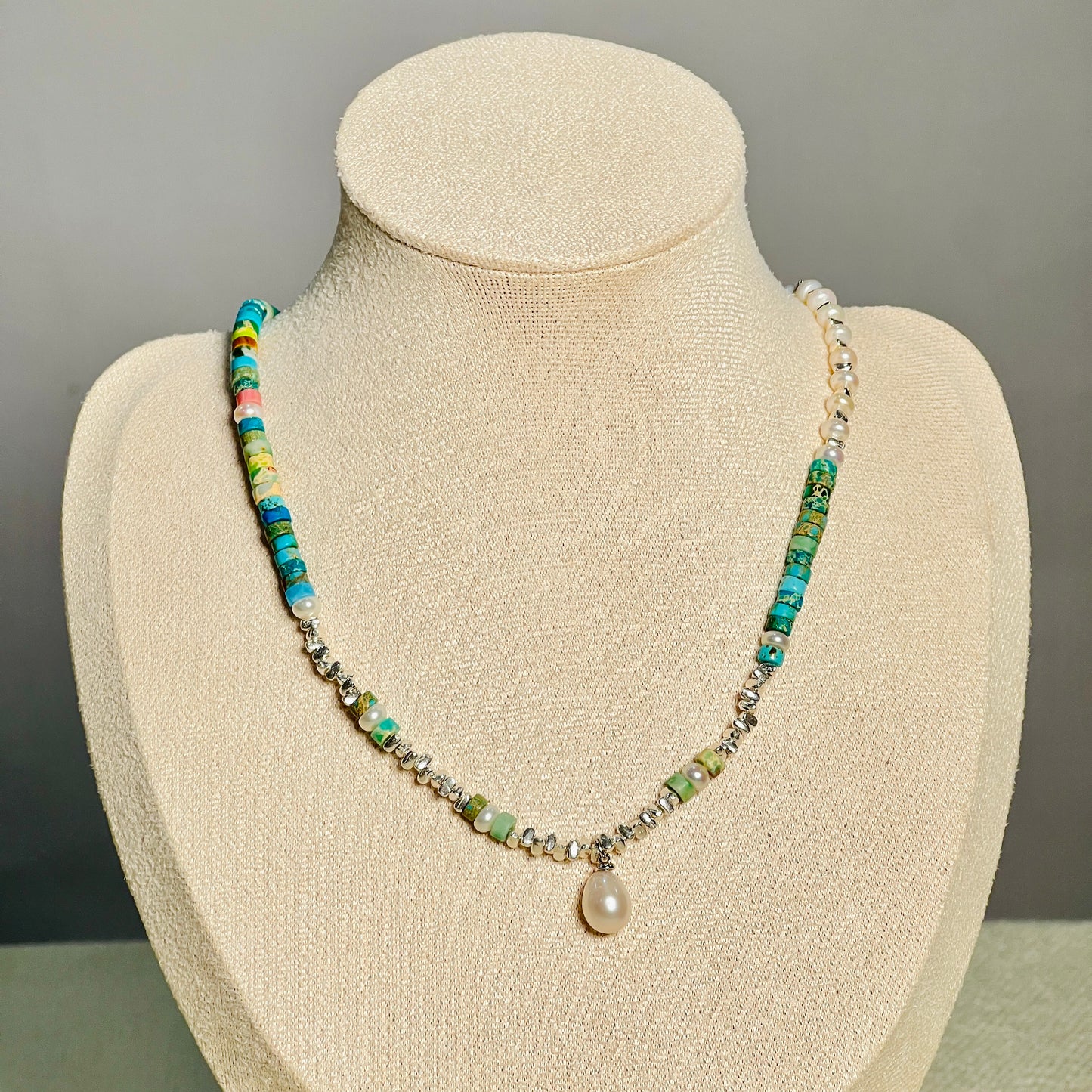 Necklace - December Lucky Stone + Turquoise + Sterling Silver Necklace + Freshwater Pearl