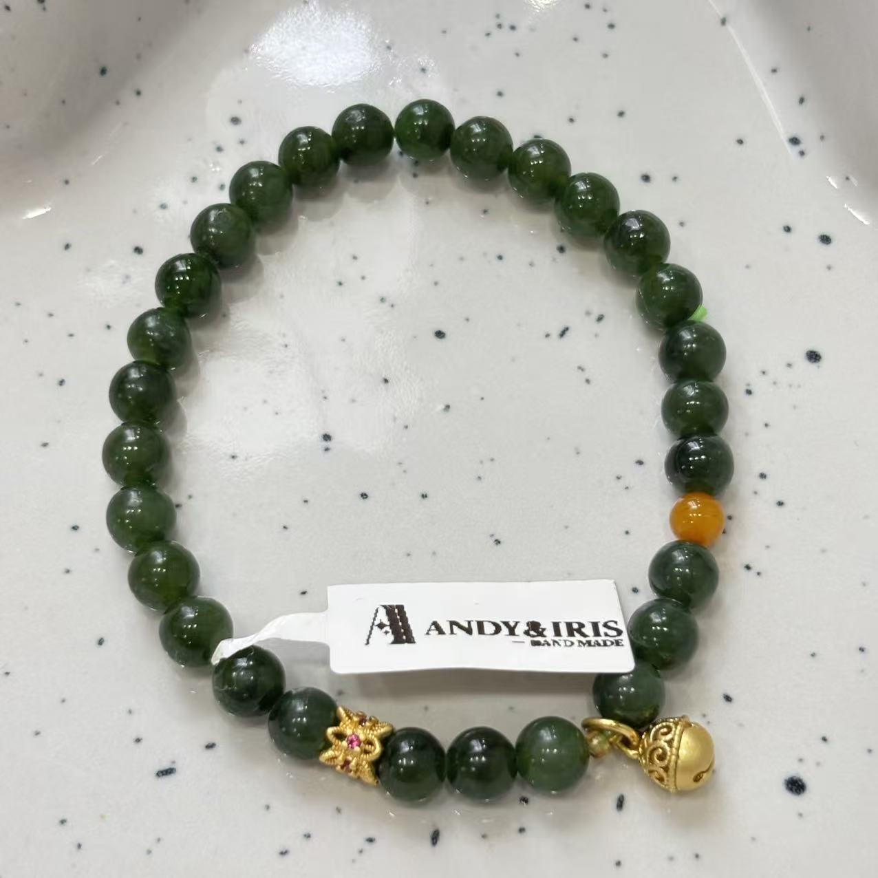 6mm jade beads with Nanhong agate, silver, and amber