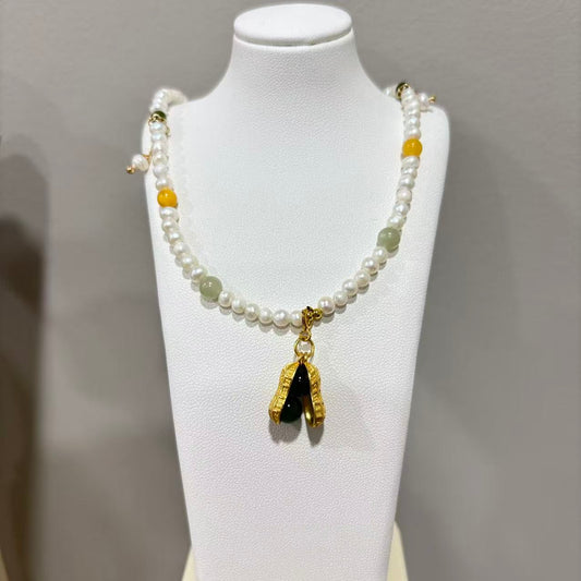 Necklace - Jade - Hetian Jade Peanut Pendant, A pearl-based necklace accented with jade and amber