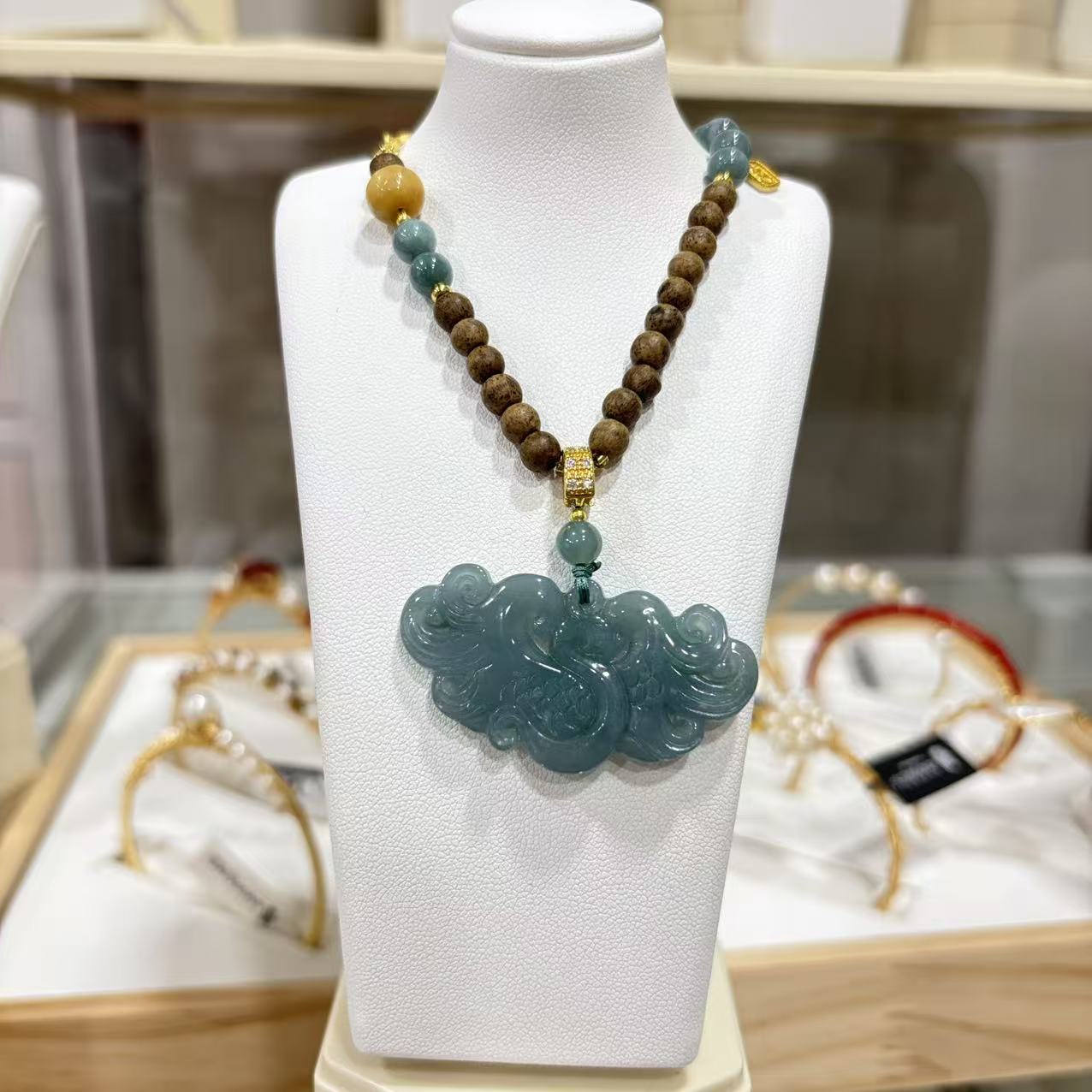 Necklace - Jade - Carved Jade Phoenix and Natural Wood