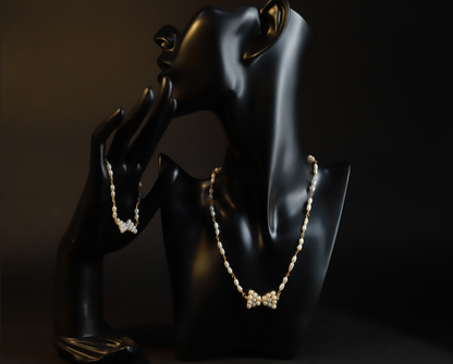 Necklace - Hand Woven Natural Pearl Bow Necklace + Bracelet Set