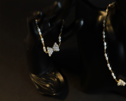 Necklace - Hand Woven Natural Pearl Bow Necklace + Bracelet Set
