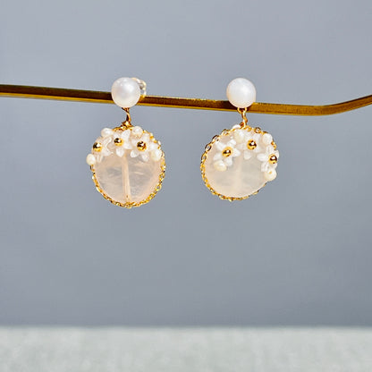 Earring - Natural Pearl + Pink Crystal