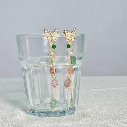 Earring - Natural Strawberry Crystal + Butterfly