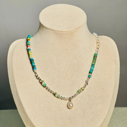 Necklace - December Lucky Stone + Turquoise + Sterling Silver Necklace + Freshwater Pearl